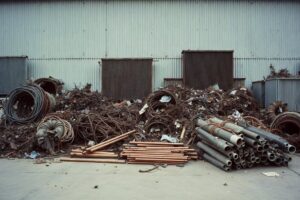Sortierter Altmetallschrott mit Kupferrohren und Kabeln auf einem Hof