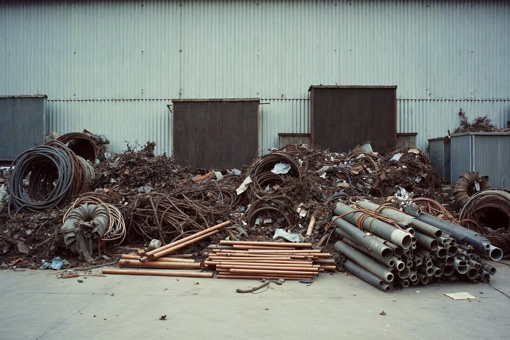Sortierter Altmetallschrott mit Kupferrohren und Kabeln auf einem Hof