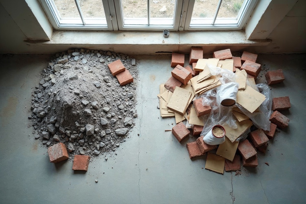 Links sortenreiner mineralischer Bauschutt, rechts Baumischabfall mit Gipskarton und Folie