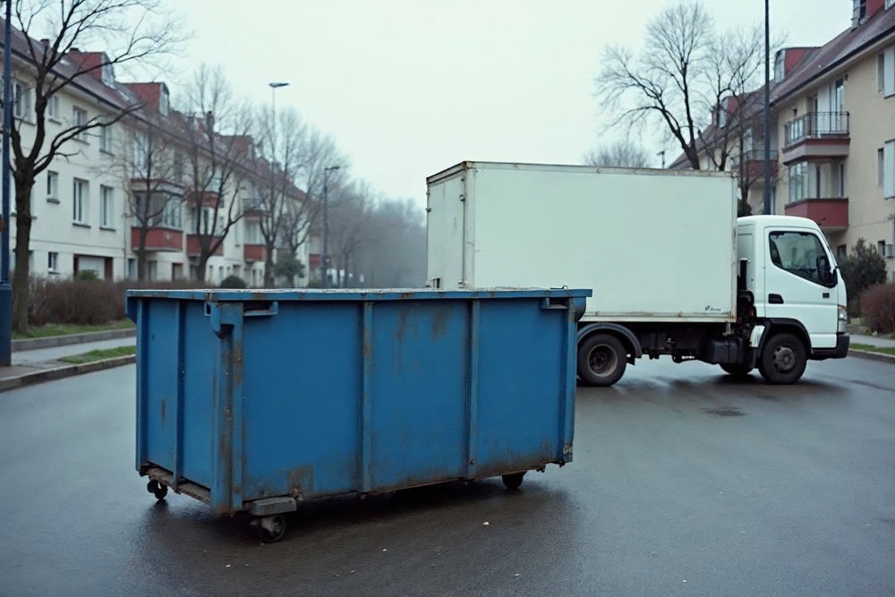Blaue Absetzmulde auf einer Wohnstraße, dahinter ein Transporter