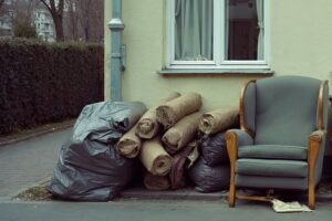 Sperrmüll vor einem Wohnhaus: Sessel, Teppichrollen und Säcke