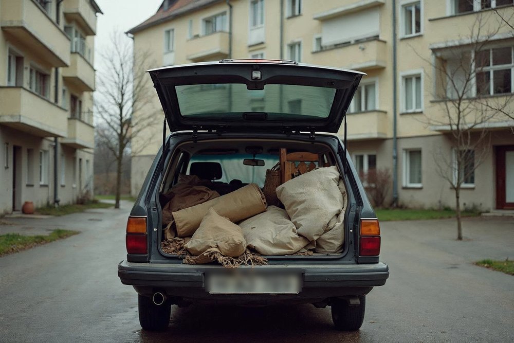 Kombi mit Sperrmüll beladen im Innenhof eines Wohnhauses
